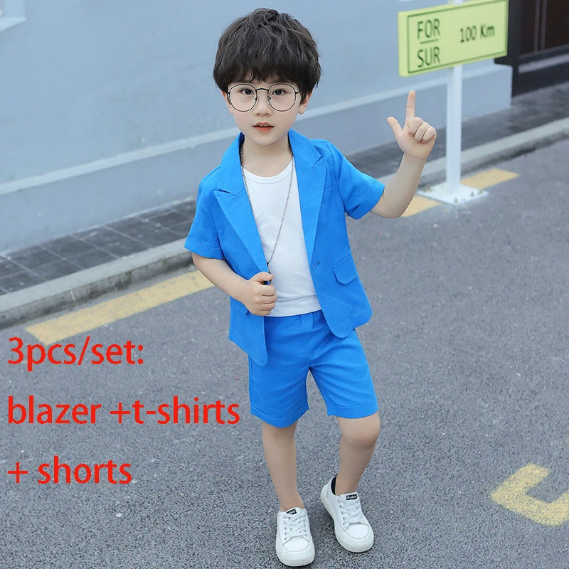 blue 3pcs Строгий летний костюм для мальчиков, детский блейзер с короткими рукавами, шорты, платье, наряды, детский костюм для дня рождения, выступлений - Цвет: blue 3pcs