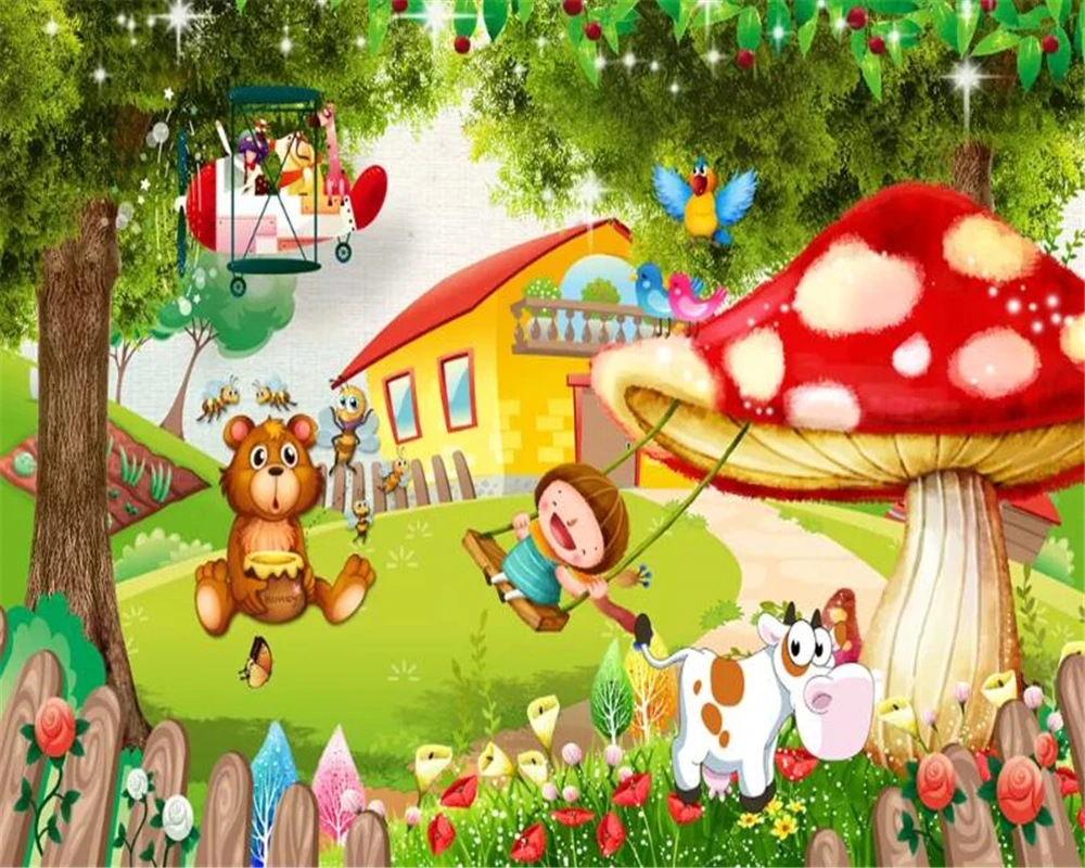 3D фотообои Beibehang на заказ детская комната гриб мультфильм лес животные самолет