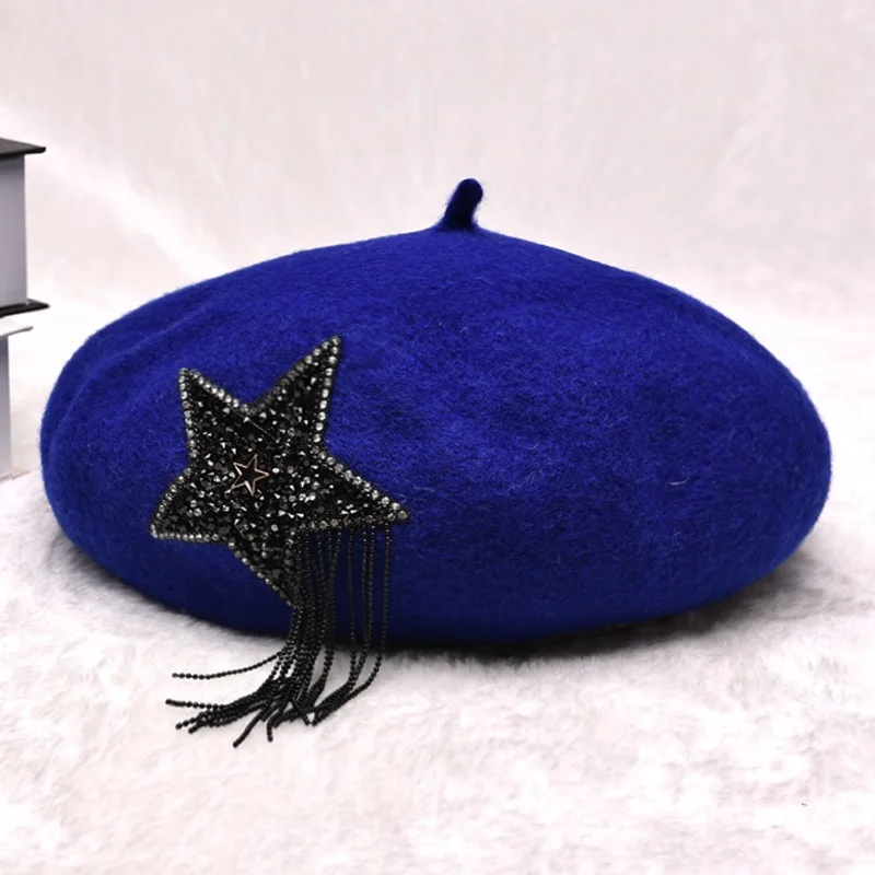 blue VISROVER, зимний шерстяной берет, звезда, нашивка, шарик, кисточка, Женская шерстяная шапка, зима, осень, весна, шапка, одноцветная, высокое качество, для женщин, Boina - Цвет: blue