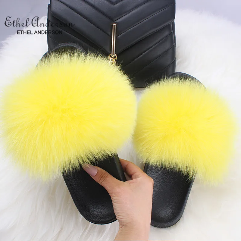 

Ethel Anderson Hottest Real Fox Fur Slides Summer Beach Fluffy Slippers 100% Real Raccoon Fur Flip Flops Sandals Shoes Wholesale