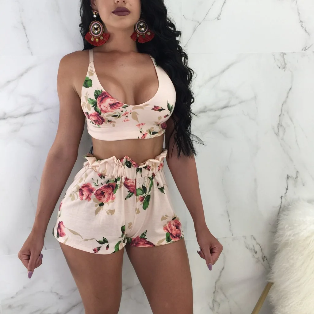 Beach Crop Top+Shorts Tops Romper Halter 2PCS Set Jumpsuit Sports Women’s Floral Outfits Sexy Clubwear 2018 New | Женская одежда