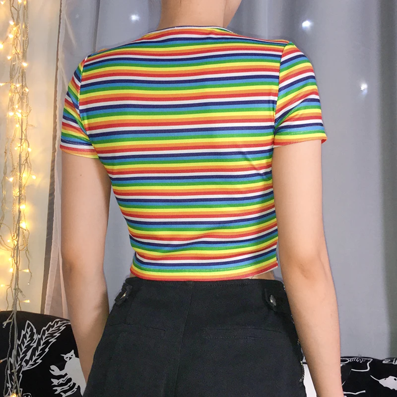 Weekeep Cropped Bodycon Stripped O-neck Short Sleeve tshirt Women Summer Streetwear t shirt Sexy Bodycon Crop Top