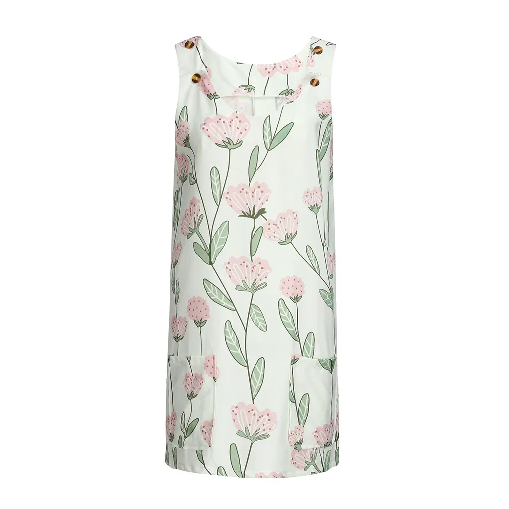 Женское пляжное платье без рукавов богемное с карманами на пуговицах и принтом