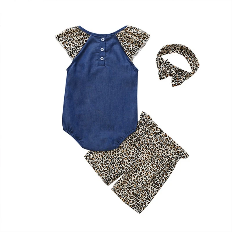 3Pcs Baby Set Newborn Girls Rompers Infant Flare Sleeve Cotton Leopard Print Shorts Headband Clothes Sets | Мать и ребенок