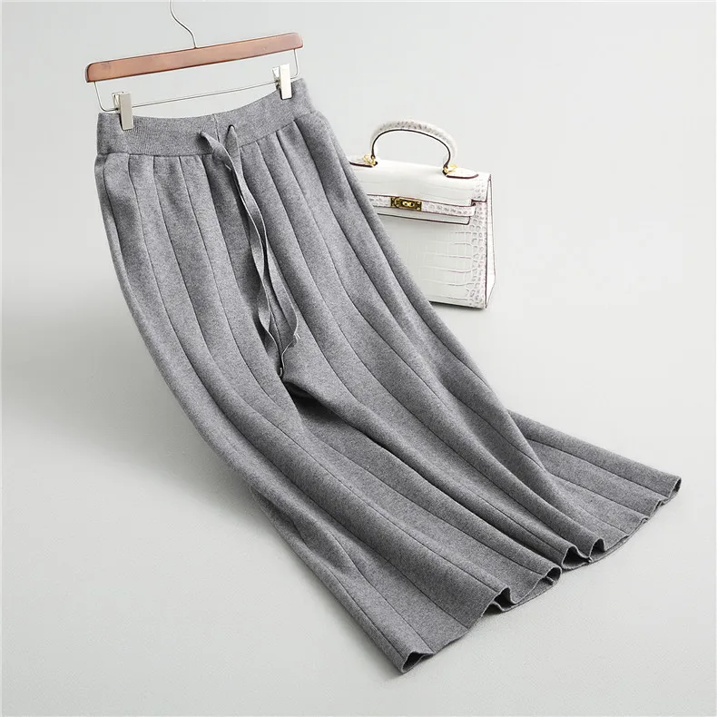 2020 Fall Winter Women Loose Casual Pants Lace UP Elastic Waist Wide leg Wool Knitted Straight Grey Black Beige | Женская одежда