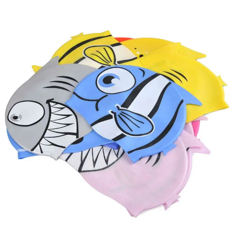 

Children Swimming Cap Cartoon Animal Fish Printed Waterproof Protect Ears Soft Silicone Fabric Lightweight Swim Use
