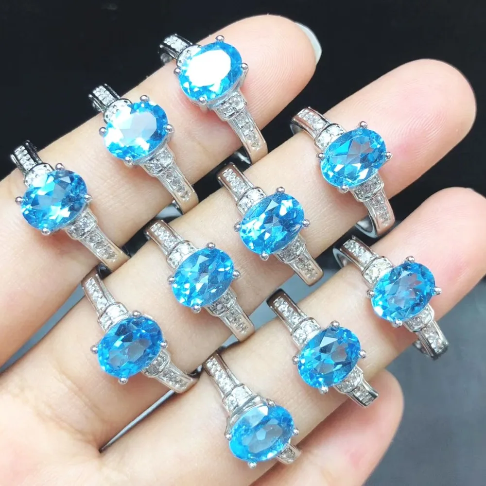 Подлинное кольцо 6X8MM с голубым топазом из стерлингового серебра 925 пробы