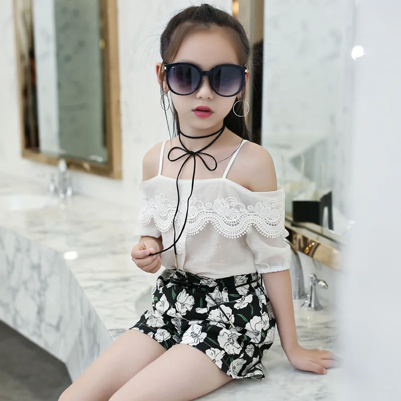 

2018 big girl summer clothing set white lace shoulderless T shirts+ Flower Shorts,fashion girls kids suits 3-14T