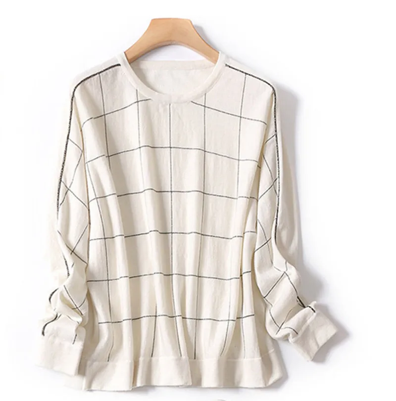 new fashion wool bright silk blend knit women classic plaid thin pullover sweater Oneck 2color M/2XL