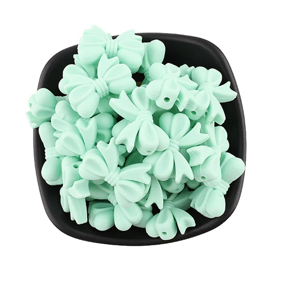 Mint Bow CHEWELRY 10 шт. детский силиконовый Прорезыватель для зубов из пищевого силикона, мини Силиконовый бант, маленький Прорезыватель для зубов из пищевого силикона, отверстия DIY Beads 2 см без БФА, силиконовый бисер - Цвет: Mint Bow
