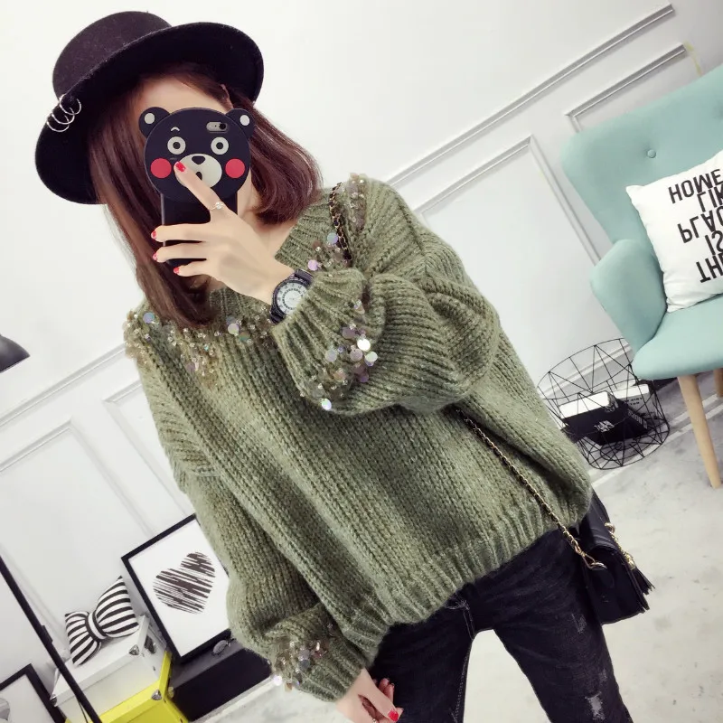 New Year Fall Winer Runway Sweater Women Sequined Knitting Sweaters Casual Loose Pullovers Female Warm Tops Outerwear | Женская одежда