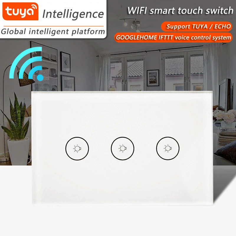 Сенсорный выключатель US Alexa Google Home настенный с сенсорным управлением Wi Fi 3gang1way стеклянная панель управление