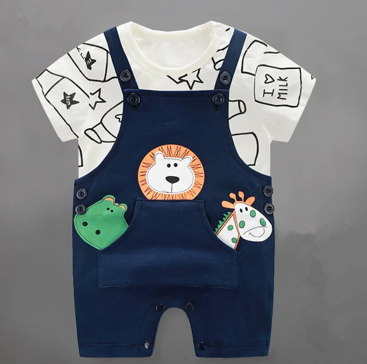 NAET cher 2018 Newborn Baby Boys Clothes Sets Summer Cartoon Clothing Set Bebe Cotton Shirt+Strap Pants Infant Suit |