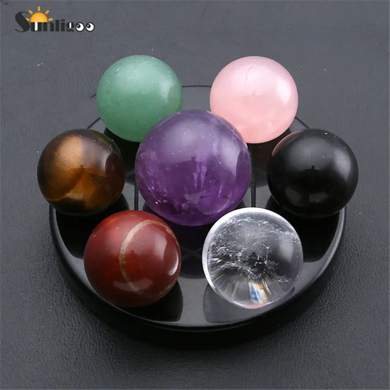 Sunligoo Reiki Healing 7 Chakra Crystal Ball Set Natural Amethyst Rose Quartz Gemstone Sphere Ball W/ Black Obsidian Bases Decor