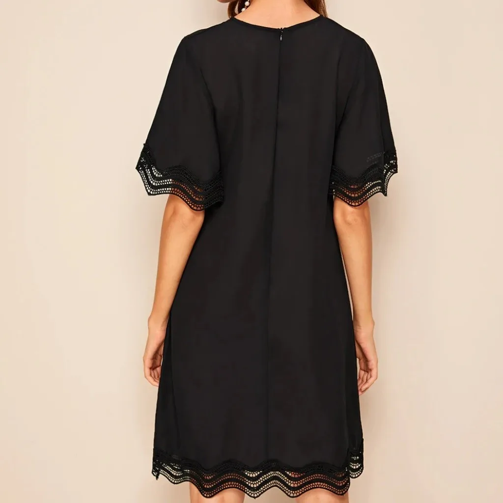 Женское модное кружевное пляжное однотонное платье до колена с круглым вырезом и