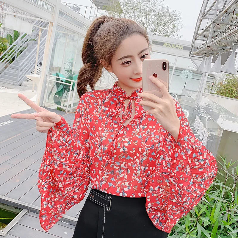 OllyMurs 2019 New Spring Summer Women Flare Sleeve Chiffon Shirts Woman Vintage Floral Printed Blouses Fashion Elegant Sexy Tops | Женская