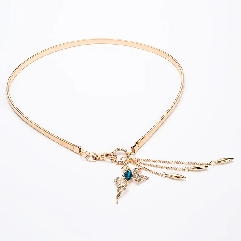 62-75CM Blue Phoenix spring tassel gold metal belts for Women's narrow belt female rhinestone belts for dresses cinturones B007