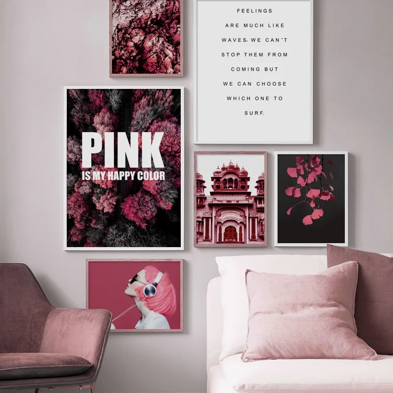 Настенная картина в скандинавском стиле с изображением листьев розового леса