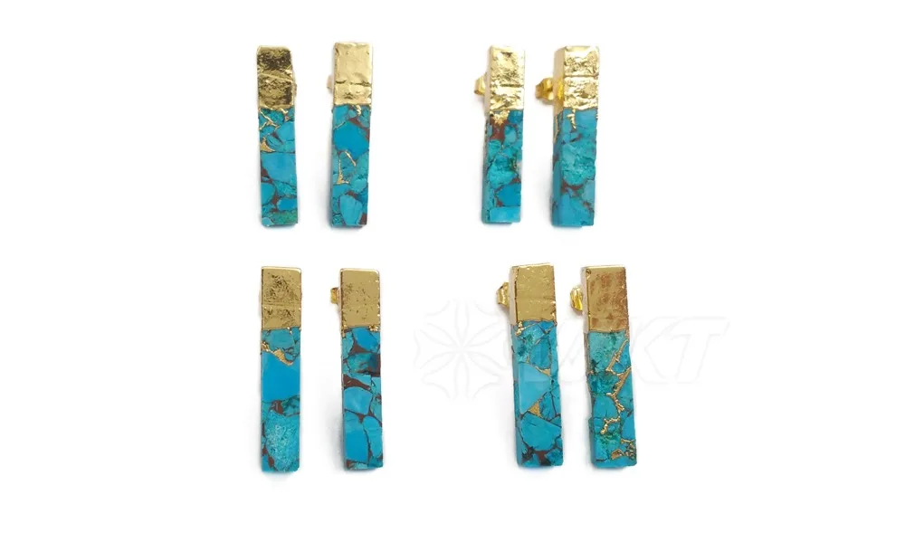WT-E548 Natural Blue Vein Green Stone Earring Rectangle Shape Gem-stones Earring Gold Capped Stud Earring Jewelry