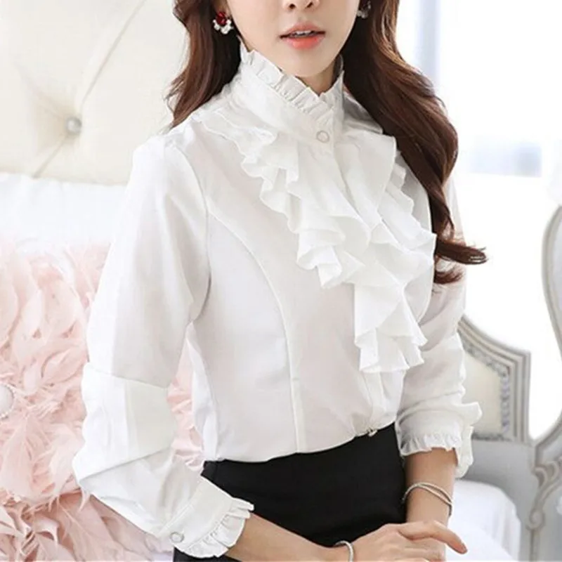 Softu стиль моды для женщин рубашка блузка с длинным рукавом оборками кружево