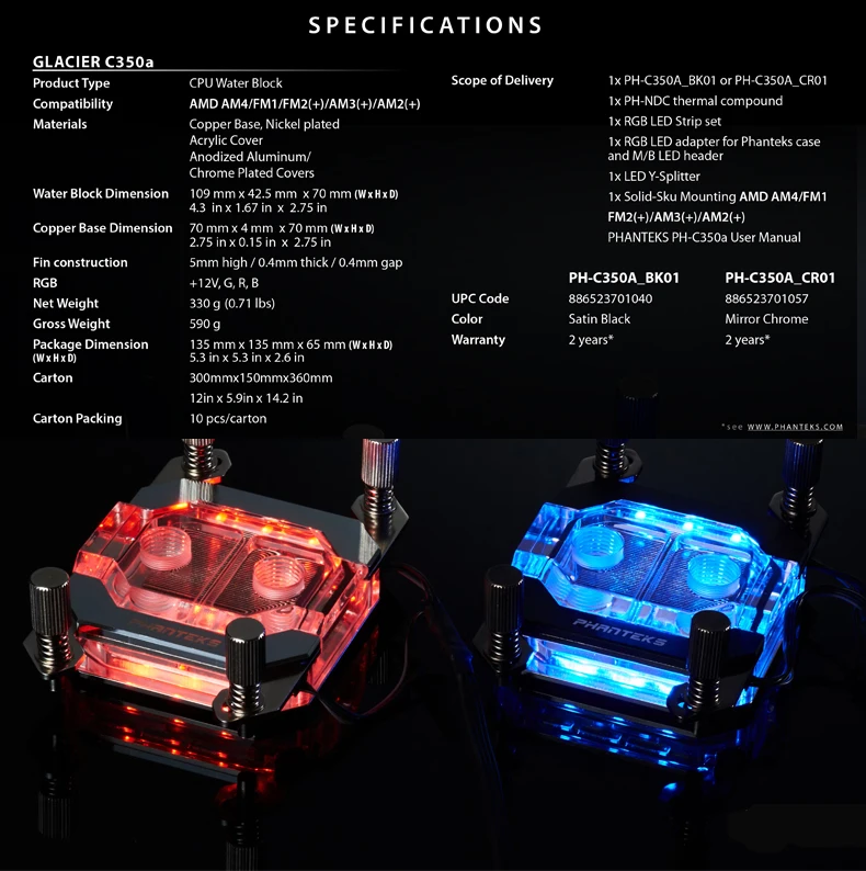 Phanteks C350A AM4/AM3/FM2 компьютерный процессор водяная охлаждающая головка(RGB Синхронный светильник управления/толстое медное дно
