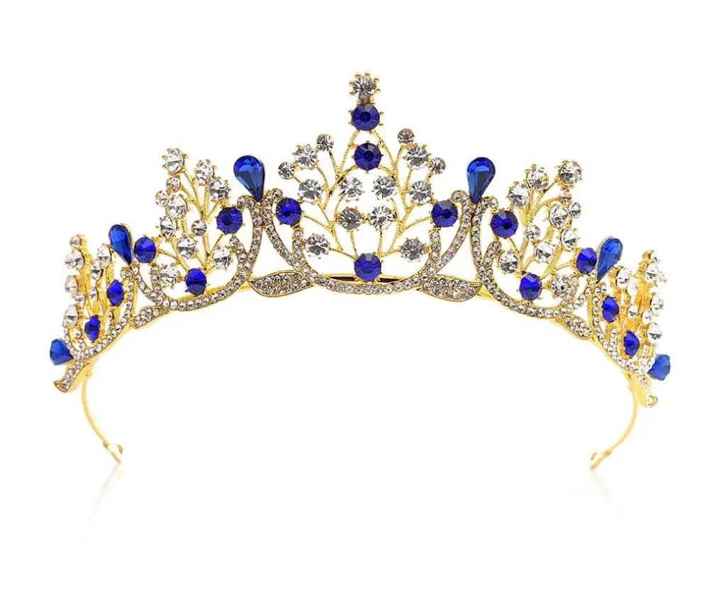 gold blue Свадебные роскошный синий кристалл диадемы для Для женщин элегантные свадебные хрустальные короны king свадебные аксессуары для волос ювелирные изделия - Окраска металла: gold blue