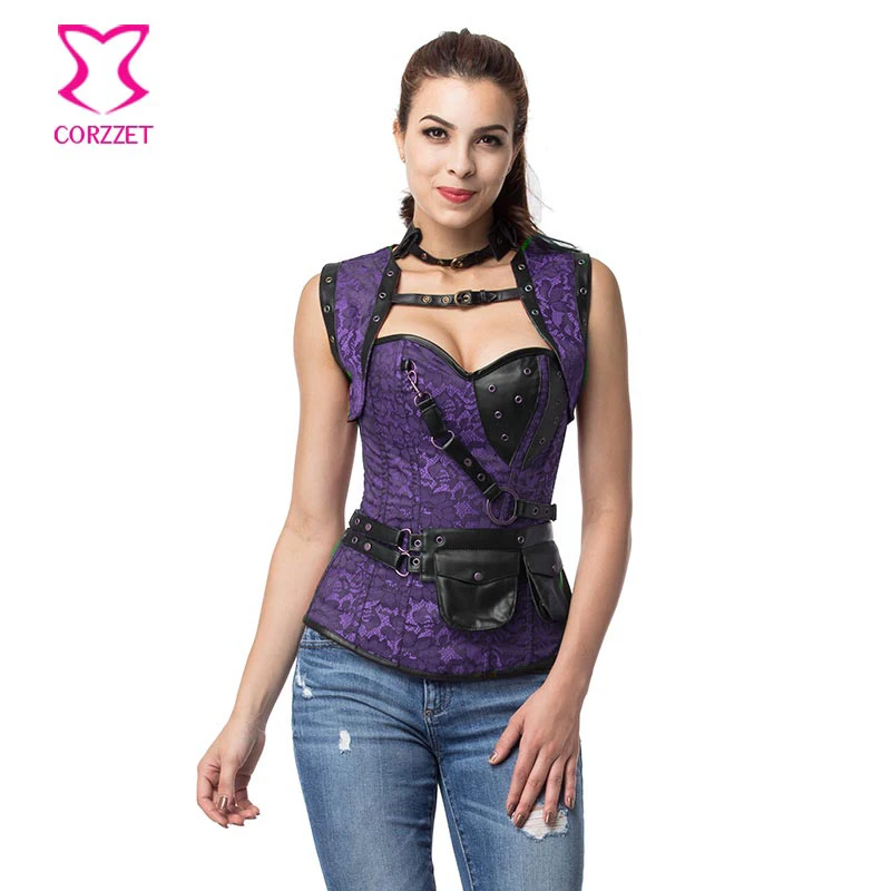Purple Brocade Steel Boned Steampunk Corset Overbust Burlesque Costume Gothic Clothing Plus Size Sexy Corsets And Bustiers 6XL