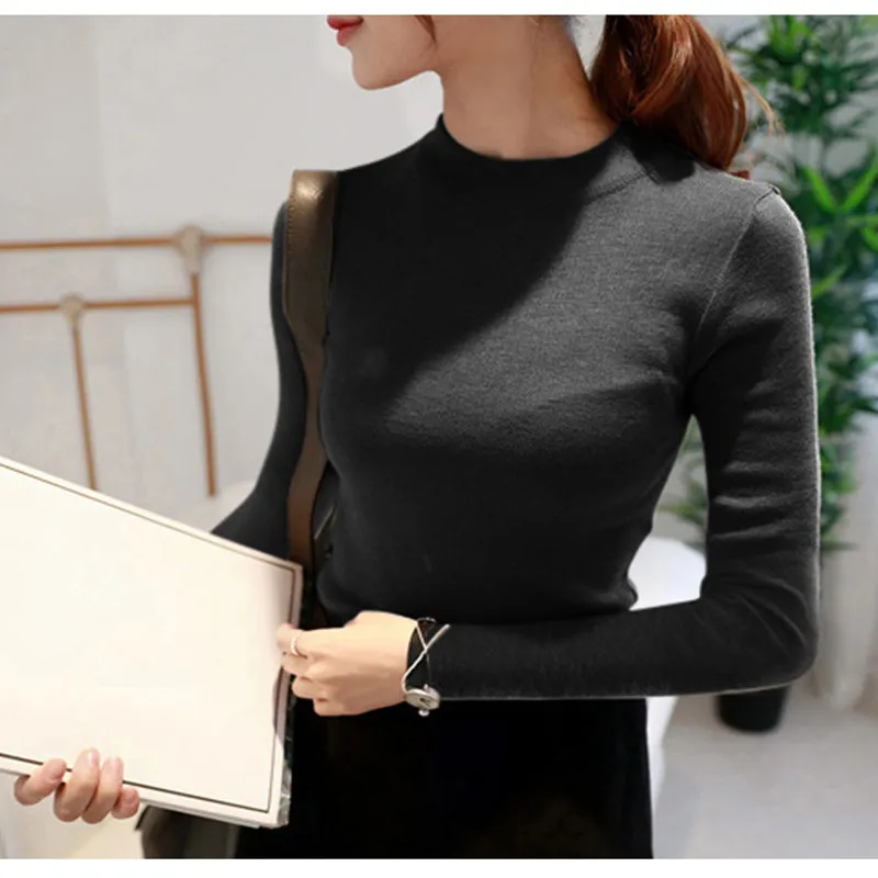 Autumn Winter Women Pullovers Sweater Knitted Elasticity Jumper Slim Half Turtleneck Warm Female White Black Sweaters Tops Femme | Женская