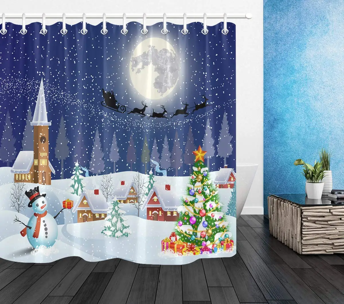 Christmas Tree Shower Curtain Set Santa Claus Deer Sleigh Snowman Farm Town Winter Bathroom Waterproof Polyester | Дом и сад