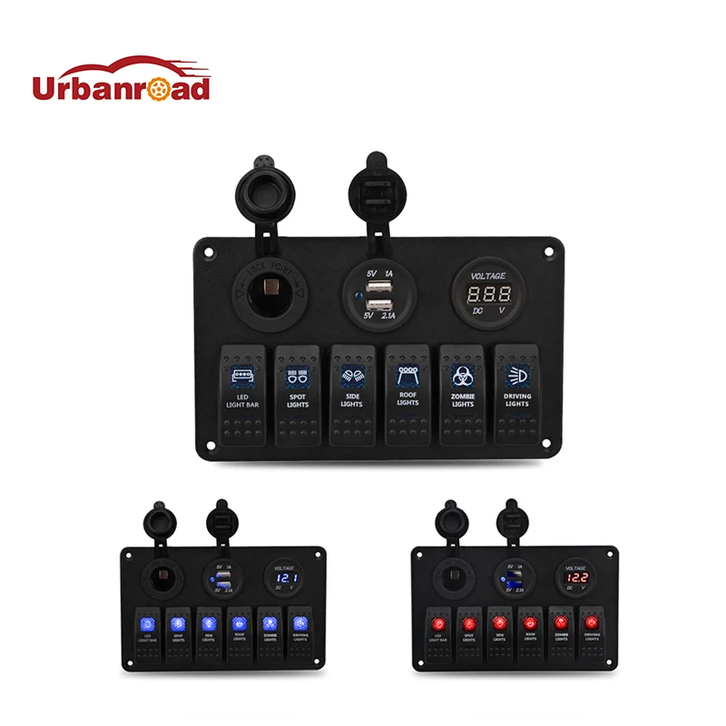 

12V 24V 6 Gang LED Rocker Switch Panel Circuit Breaker Charger Dual USB Socket Cigaretter Plug Voltmeter Car Auto Switches