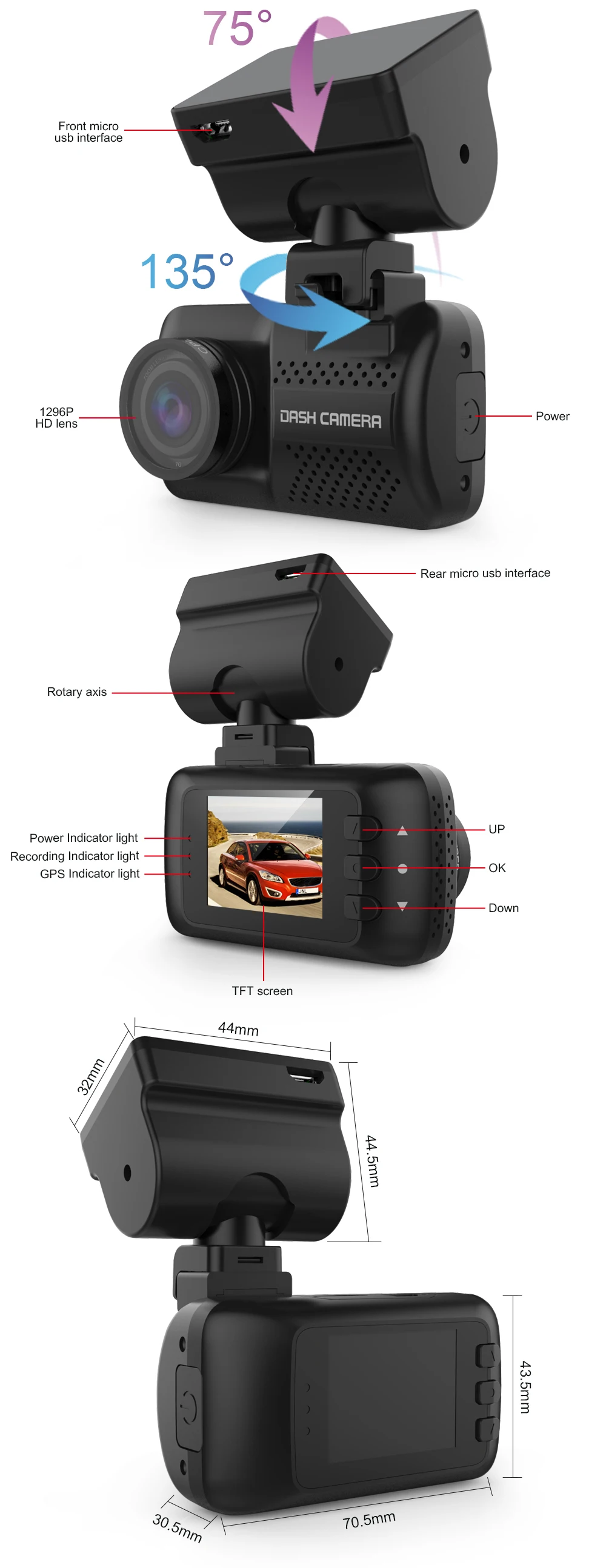 AZGIANT A7 1296P скрытый Автомобильный видеорегистратор gps навигация видеорегистратор Ambarella Чип Мини Размер вращающийся экран G сенсор