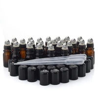 24pcs 5ml amber glass essential oil roll on bottles vial with stainless steel roller ball black cap lid for perfume aromatherapy