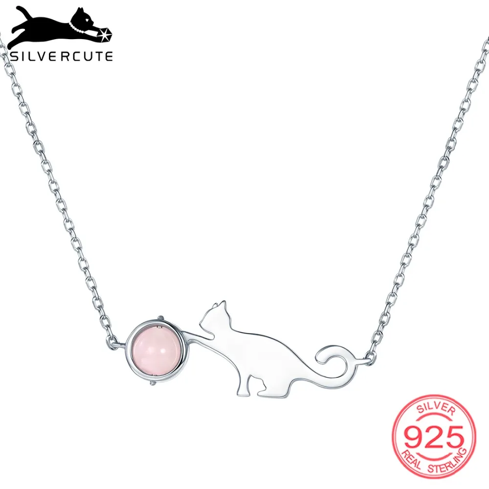 SILVERCUTE Cat Цепочки и ожерелья Для женщин с натуральный розовый кристалл 925 пробы