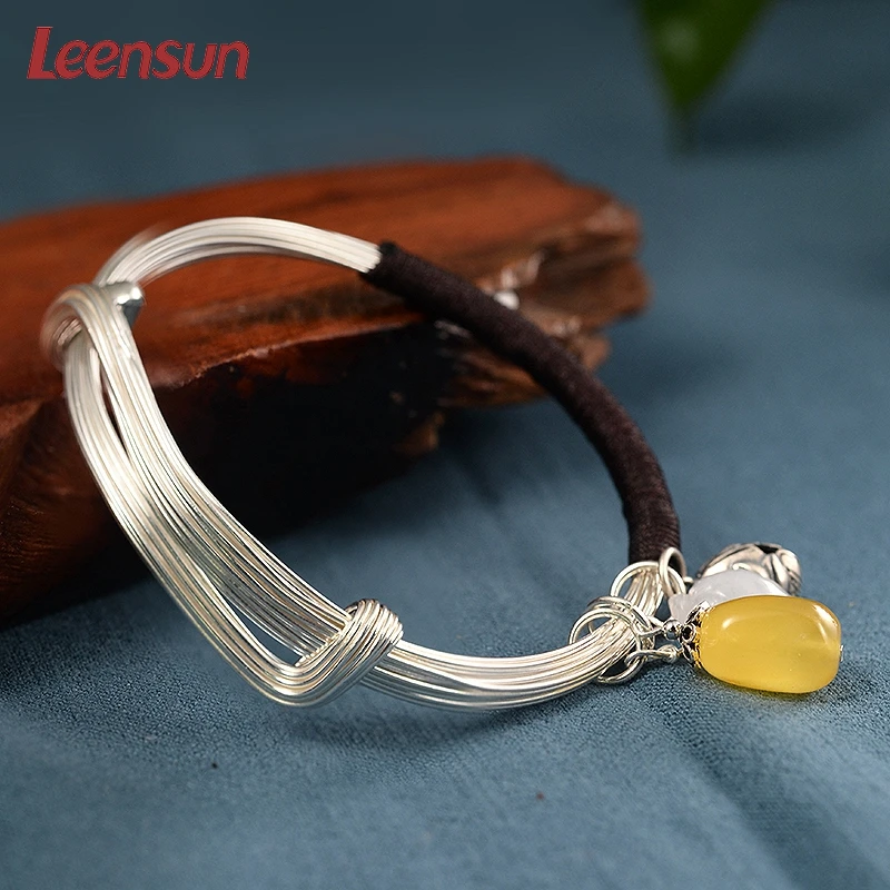 Leensun ювелирные изделия, ручной работы 925 серебро с янтарные бусы браслет/браслет подарок для женщин