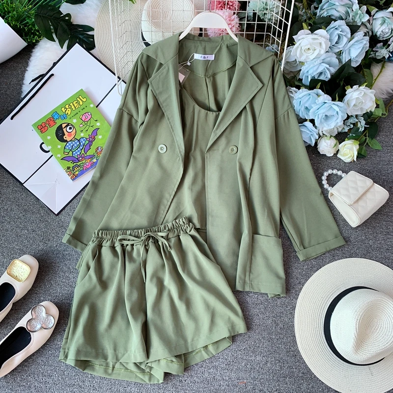 ALPHALMODA Лето Осень женский жакет с длинным рукавом+ топ на бретельках+ шорты повседневный комплект из 3 предметов женский однотонный наряд