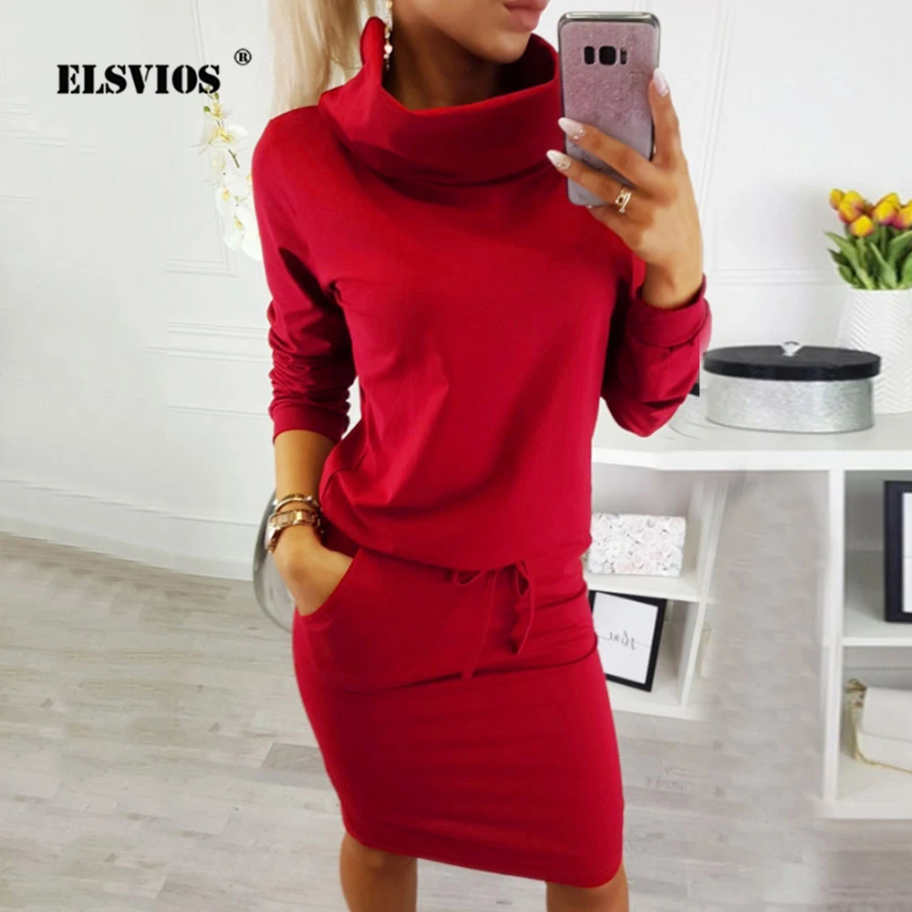 ELSVIOS женское Повседневное платье с карманами и высокой горловиной облегающее для