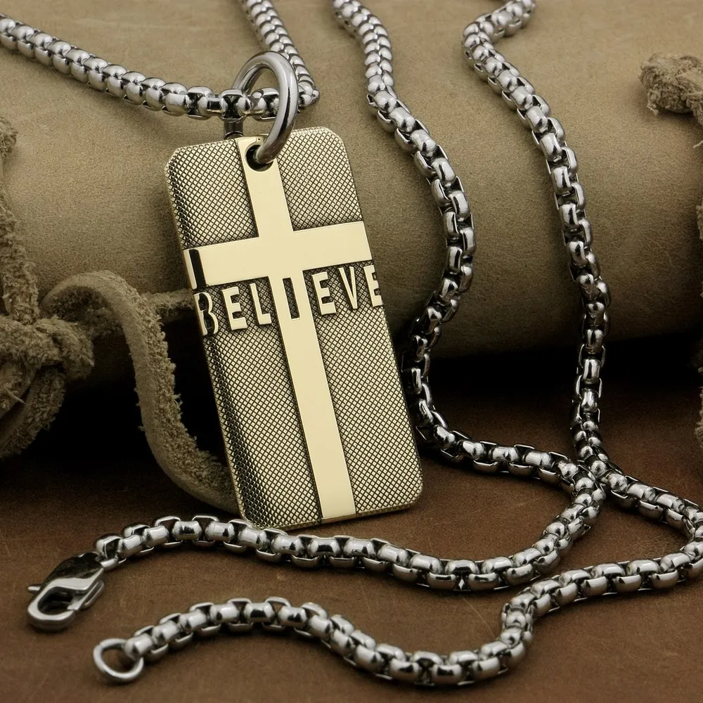 

LINSION High Detail 2-side Deep Engraved Brass BELIEVE Cross Pendant Biker Rock Punk Style 9X023B Steel Necklace 24 inches