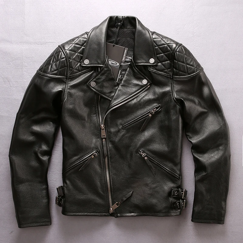 

Мужская мотоциклетная куртка, черная приталенная куртка из натуральной воловьей кожи, с скошенной молнией, зима 2019