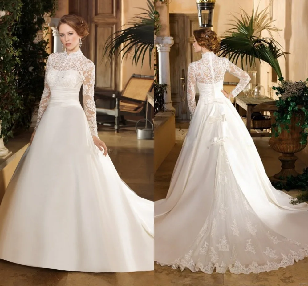Long Sleeved Lace Elegant Muslim Wedding Dresses Vestidos De Novia 2015 Train Ball Gown High Neck Modest Bridal Gowns | Свадьбы и