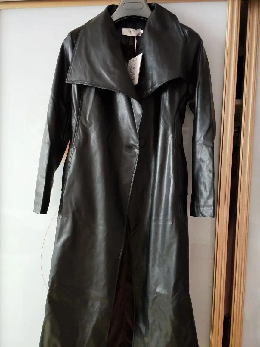 Большие размеры, S-XXXL, длинный плащ из искусственной кожи, женское осеннее модное высококачественное тонкое Черное Женское пальто с поясом, Длинная ветровка