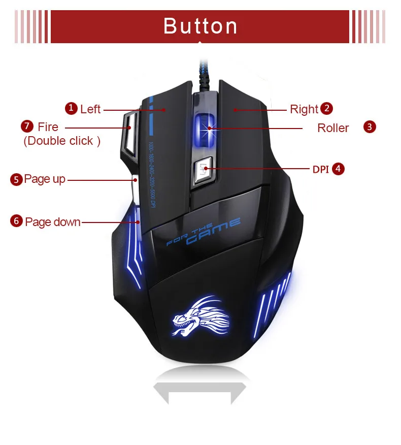 Проводная игровая мышь, профессиональная, 7 кнопок, регулируемая, 5500 dpi, USB кабель, светодиодный, оптическая, игровая мышь для компьютера, ноутбука, ПК, мыши, Черная
