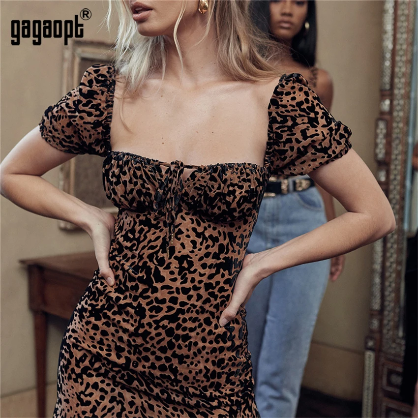 Gagaopt леопардовые платья женские модные короткий рукав квадратный воротник