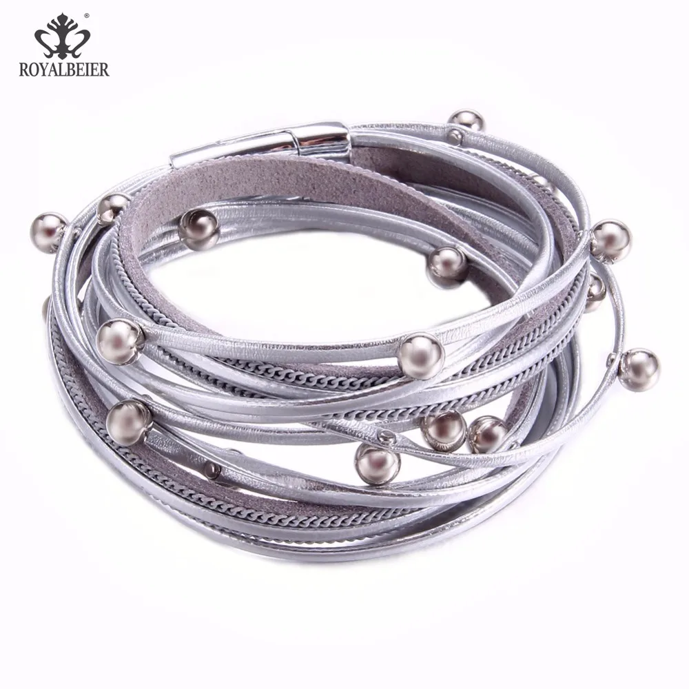 ROYALBEIER Jewelry Bracelets for Women Multi-layer PU Leather Rope with Imitation Pearl Winding Bangles Dropshipping | Украшения и