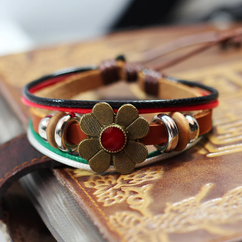 Коричневые Кожаные Браслеты Для Женщин Vintage Multi Цветок Браслет & diy Шарики