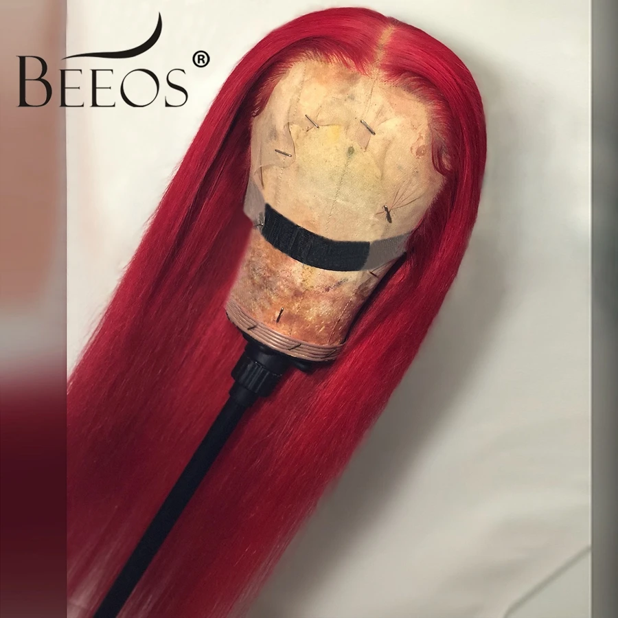 Beeos Красные 13*6 парики из натуральных волос на кружеве для женщин прямые парики из перуанских волос