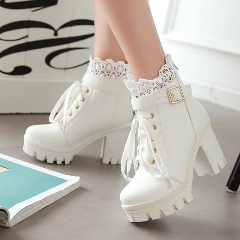 

winter New pattern High-heeled Coarse heel Martin boots Frenulum Waterproof Thick bottom Large code white Women Boots 34-43