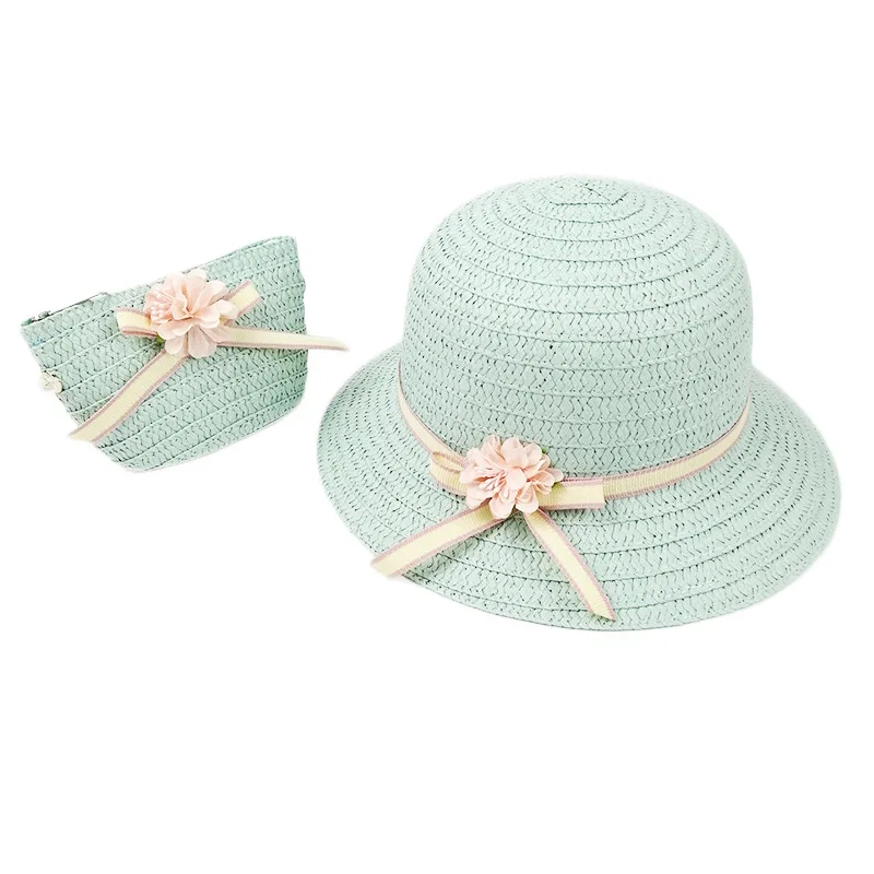 light green SUEF/ hot new cute rabbit head children straw hat girl princess hat travel student sunshade beach hat two-piece - Цвет: light green