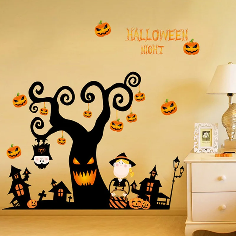 

YRHCD New Halloween Festival wall sticker Halloween night Pumpkins and tree Wall Stickers Viny decal for Kids Rooms Decoration