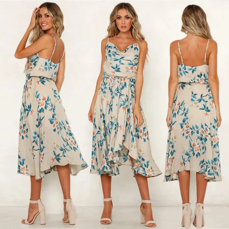 Женское летнее платье на бретельках Boho шифоновое пляжное без рукавов с цветочным