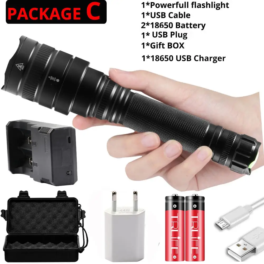 Package C Мощный светодиодный светильник-вспышка xhp70.2 ультра яркий водонепроницаемый светодиодный фонарь linterna xhp70 xhp50 18650 лучший кемпинг, уличный светильник - Испускаемый цвет: Package C